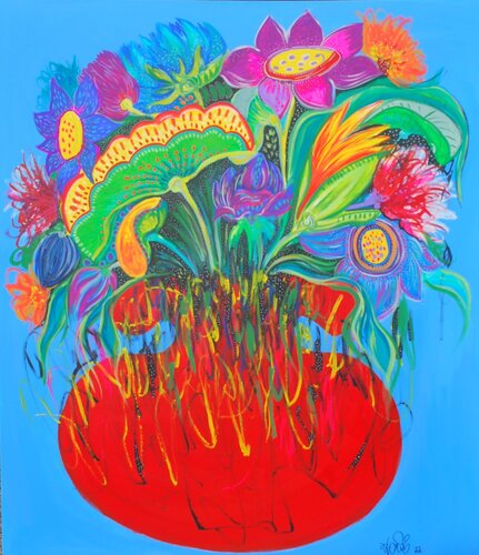 "Pot of prosperity" canvas painting van Aasiri Wickremage, Schilderij te koop op Singulart