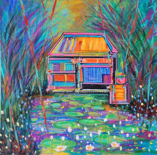 White lotus tranquil - Bali retreat by Aasiri Wickremage, Painting for Sale on Singulart