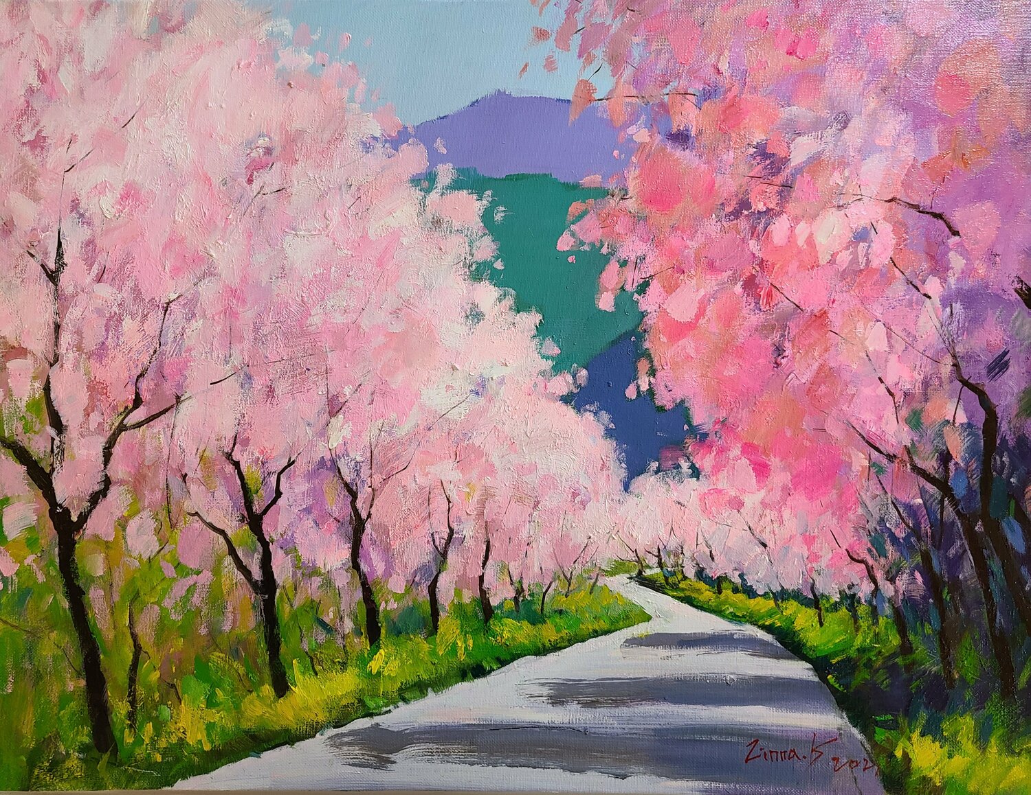 Spring view with Cherry Blossom road in Japan- oil painting