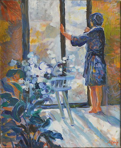 La femme et les orchidées van Patrick MARIE, Schilderij te koop op Singulart