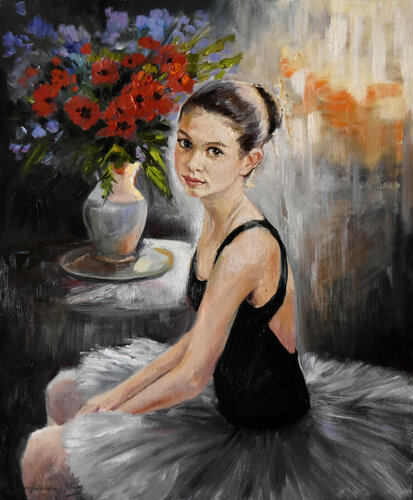 A small ballerina with red poppies van Serghei Ghetiu, Schilderij te koop op Singulart