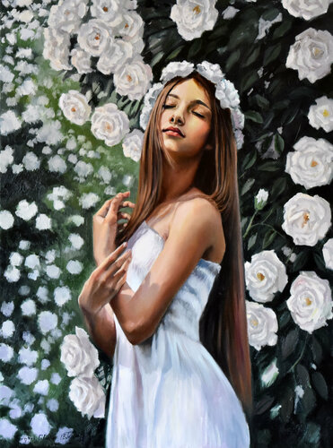 In the garden of white roses van Serghei Ghetiu, Schilderij te koop op Singulart