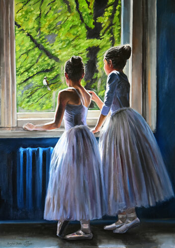 Little ballerinas meet the summer bird van Serghei Ghetiu, Schilderij te koop op Singulart