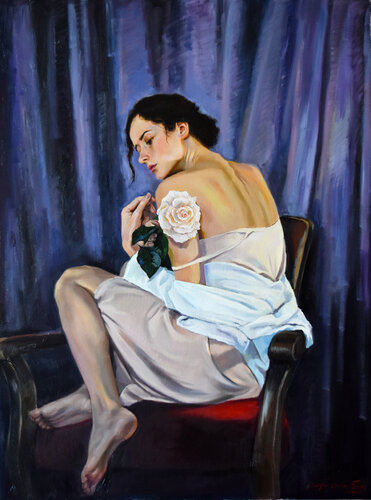 Woman portrait with a rose van Serghei Ghetiu, Schilderij te koop op Singulart