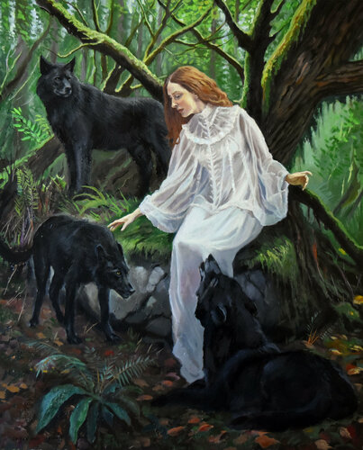 The forest Fairy and her black wolves van Serghei Ghetiu, Schilderij te koop op Singulart
