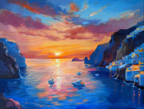 The Mediterranean sunset van Serghei Ghetiu, Schilderij te koop op Singulart