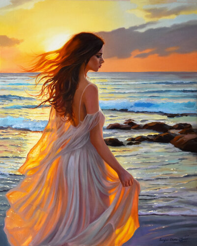 Walking on the beach van Serghei Ghetiu, Schilderij te koop op Singulart