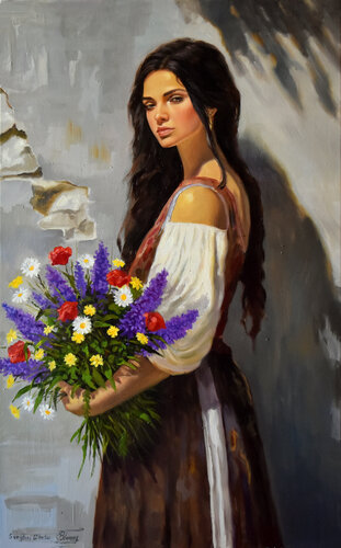 A portrait with wild flowers van Serghei Ghetiu, Schilderij te koop op Singulart