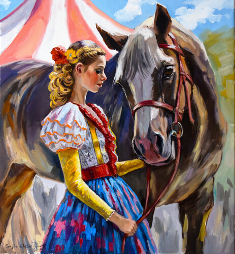A circus girl and her best friend van Serghei Ghetiu, Schilderij te koop op Singulart