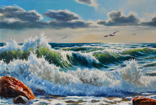 A seascape with crushing waves van Serghei Ghetiu, Schilderij te koop op Singulart