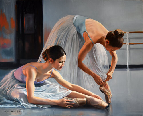 Preparing for ballet classes van Serghei Ghetiu, Schilderij te koop op Singulart