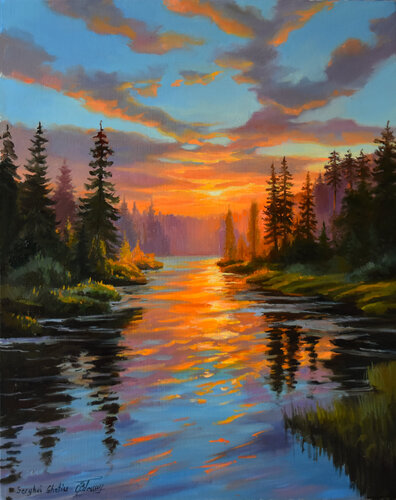The sunset in the forest von Serghei Ghetiu, Malerei kaufen auf Singulart