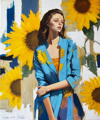 A portrait with sunflowers von Serghei Ghetiu, Malerei kaufen auf Singulart
