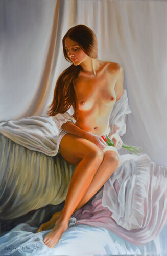 A Beauty with a flower van Serghei Ghetiu, Schilderij te koop op Singulart