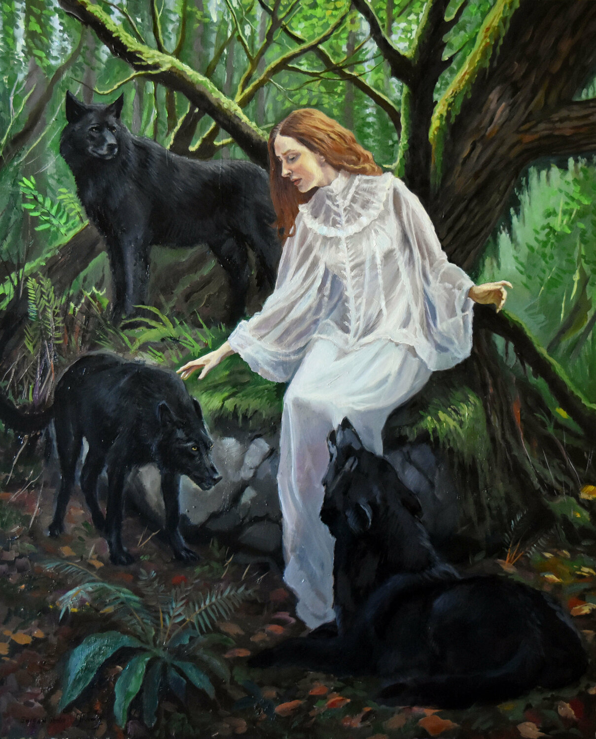 The forest Fairy and her black wolves Serghei Ghetiu Originalgemälde zu verkaufen