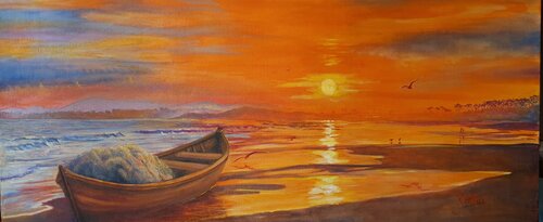 Atardecer en la playa 25 9 (crepúsculo en la costa, bote de pescadores y gaviotas en la orilla) van Rosario De Mattos, Schilderij te koop op Singulart