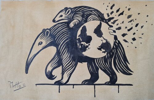 Extinción del oso hormiguero chico. Animales.    serie  SU DESTINO : NUESTRO DESTINO 25 12 par Rosario De Mattos, Peinture en vente sur Singulart