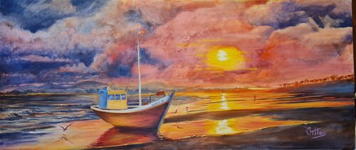 Atardecer en la playa 25 10 (crepúsculo en la costa, barco de pescadores y gaviotas en la orilla) par Rosario De Mattos, Peinture en vente sur Singulart
