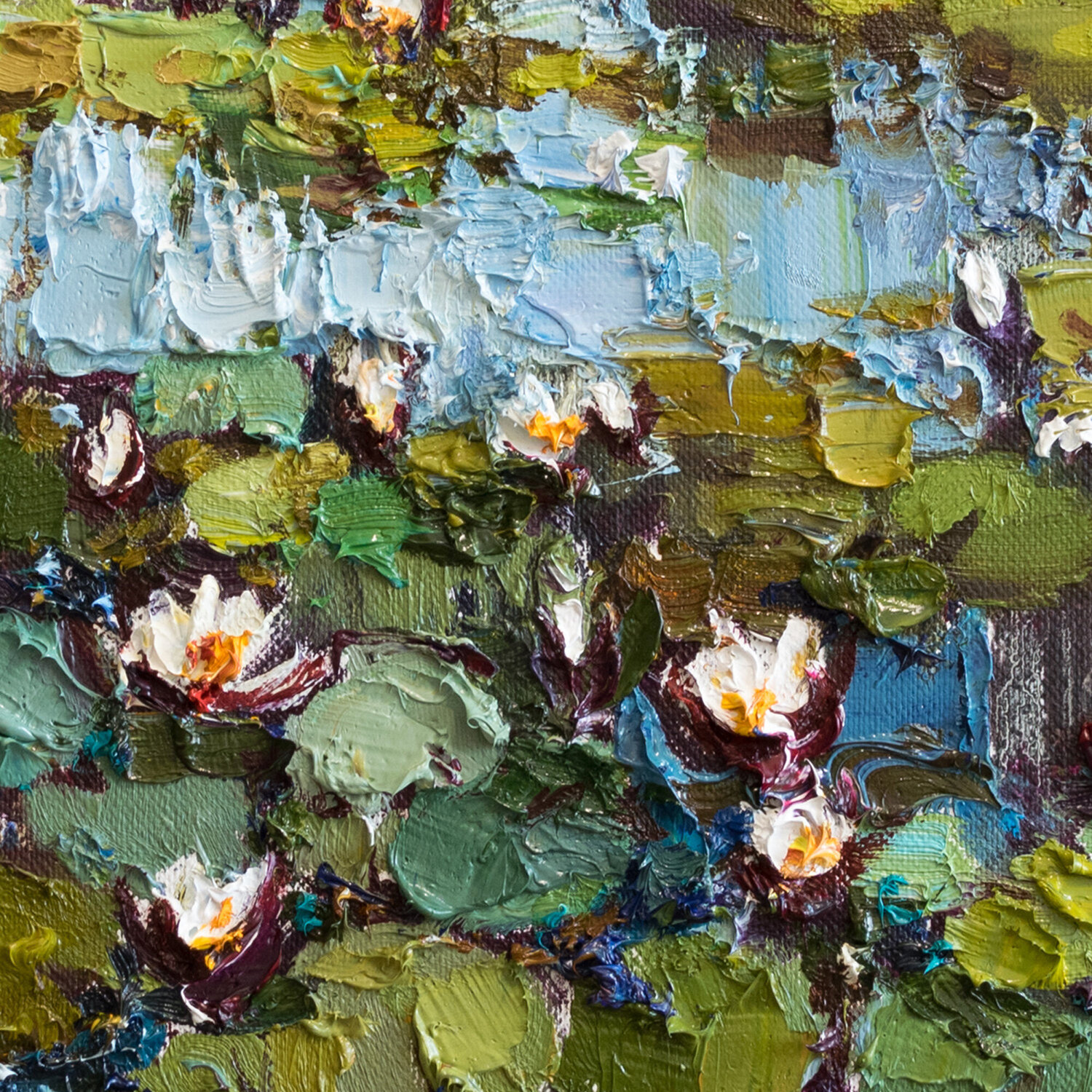 White Water Lilies Pond Flowers Impasto Original Oil Painting By