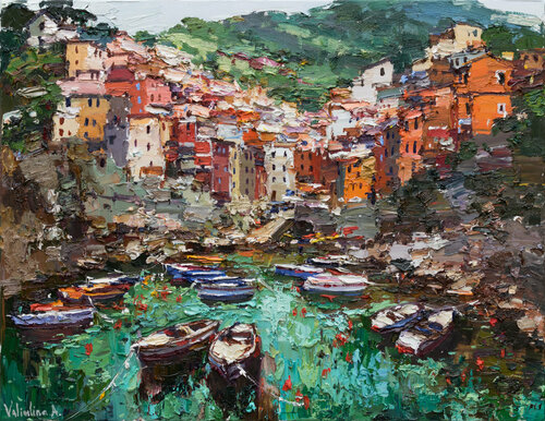 Riomaggiore, Cinque terre - Italian Landscape painting par Anastasiya Valiulina, Peinture en vente sur Singulart