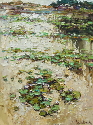 Water lily pond at sunset di Anastasiya Valiulina, Pittura in vendita su Singulart