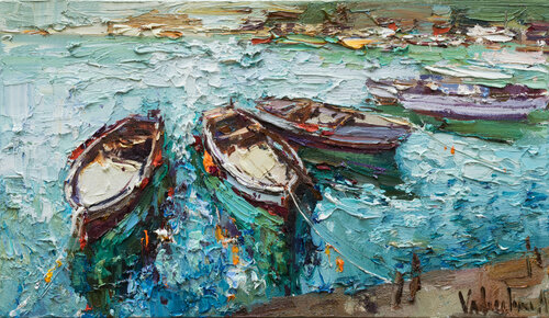 Boats  - Original  impasto oil painting par Anastasiya Valiulina, Peinture en vente sur Singulart