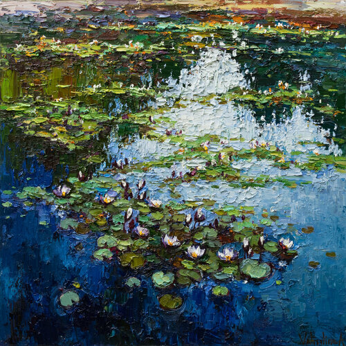 White Water Lilies - Impasto Original Oil painting par Anastasiya Valiulina, Peinture en vente sur Singulart