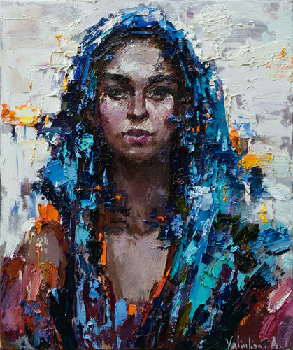 Woman in Blue head scarf - Original oil painting par Anastasiya Valiulina, Peinture en vente sur Singulart