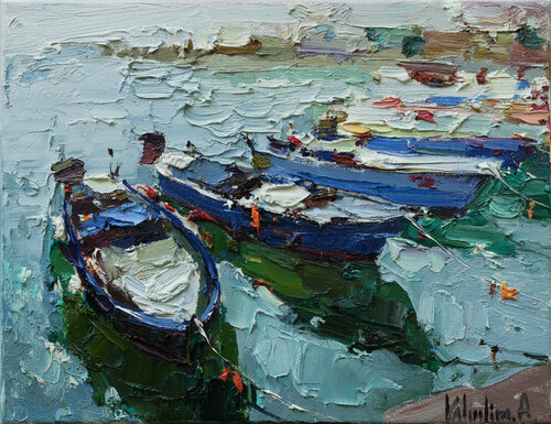 Boats   - Original  impasto oil painting di Anastasiya Valiulina, Pittura in vendita su Singulart