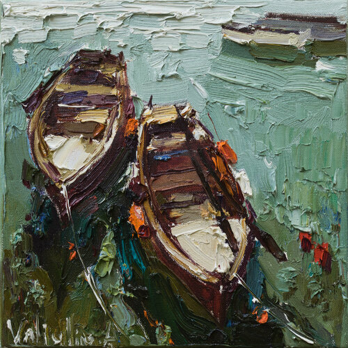 Boats   - Original  impasto oil painting par Anastasiya Valiulina, Peinture en vente sur Singulart