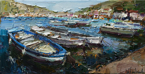 Boats in the bay - Original oil painting di Anastasiya Valiulina, Pittura in vendita su Singulart