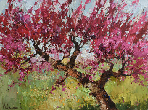 Flowering peach impasto oil painting Anastasiya Valiulina