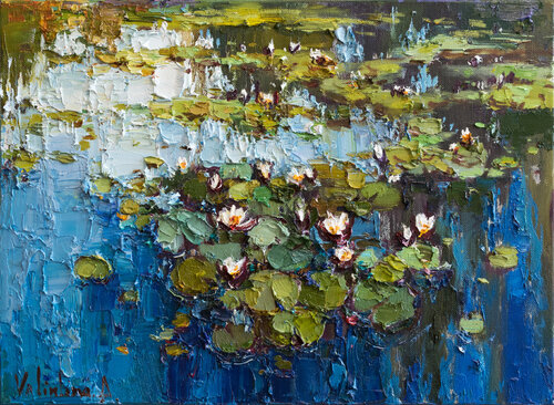 White Water Lilies - Pond flowers  Impasto Original Oil painting par Anastasiya Valiulina, Peinture en vente sur Singulart