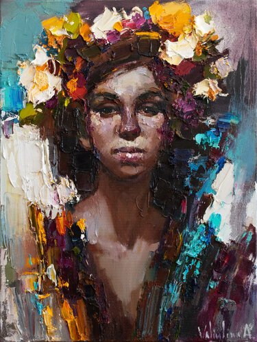 Girl with flowers - Original oil female portrait painting par Anastasiya Valiulina, Peinture en vente sur Singulart