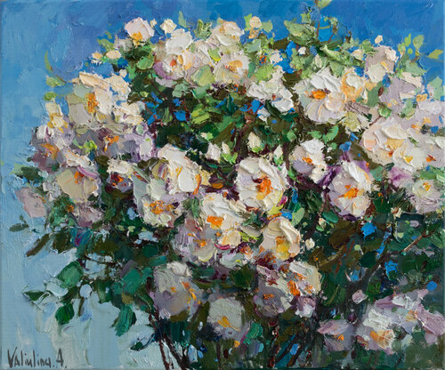 White roses Impasto Original oil painting di Anastasiya Valiulina, Pittura in vendita su Singulart