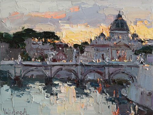 St. Angelo Bridge at Sunset in Rome, Italy - Original oil painting par Anastasiya Valiulina, Peinture en vente sur Singulart