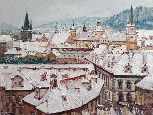 Winter Rooftops of Prague par Anastasiya Valiulina, Peinture en vente sur Singulart