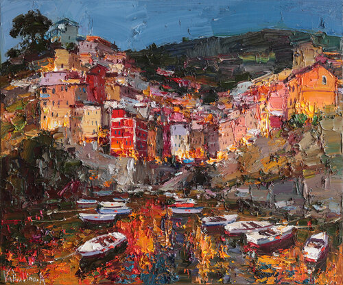Riomaggiore at Night par Anastasiya Valiulina, Peinture en vente sur Singulart