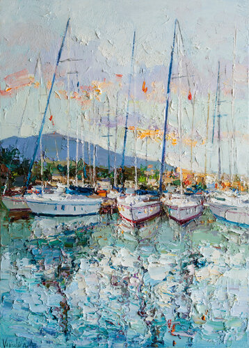Yachts at sunset von Anastasiya Valiulina, Malerei kaufen auf Singulart