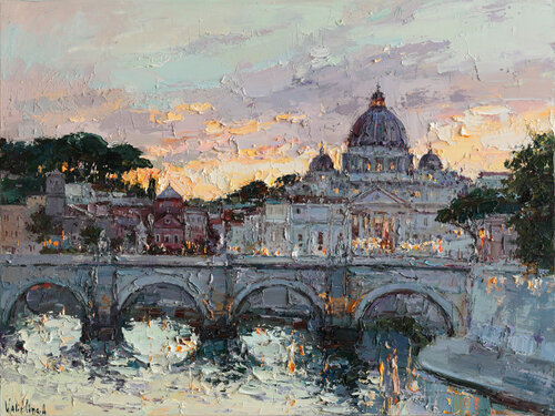 St. Angelo Bridge at Sunset, Rome - Original oil painting von Anastasiya Valiulina, Malerei kaufen auf Singulart