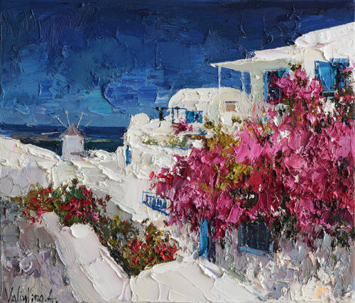 Bougainvillea in Santorini, Greece par Anastasiya Valiulina, Peinture en vente sur Singulart
