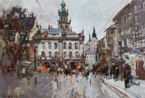 Lviv. Original oil painting evening city of Lviv di Anastasiya Valiulina, Pittura in vendita su Singulart