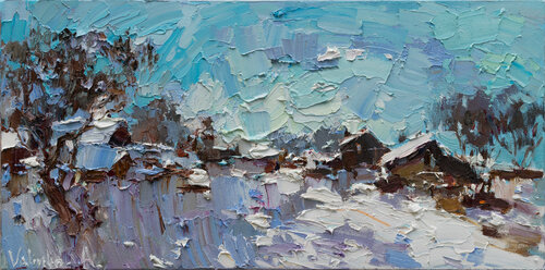 Winter village - Original oil Landscape painting Anastasiya Valiulina