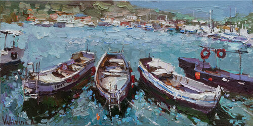 Boats in the bay di Anastasiya Valiulina, Pittura in vendita su Singulart