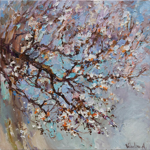 Flowering apricot tree Original oil painting di Anastasiya Valiulina, Pittura in vendita su Singulart