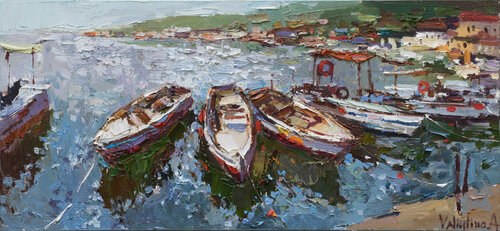 Boats  - Original impasto oil painting di Anastasiya Valiulina, Pittura in vendita su Singulart