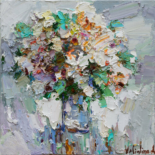 Abstract white flowers Original Oil painting di Anastasiya Valiulina, Pittura in vendita su Singulart