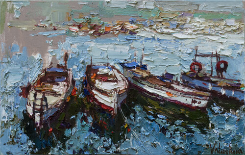 Boats in the bay - Original oil painting par Anastasiya Valiulina, Peinture en vente sur Singulart
