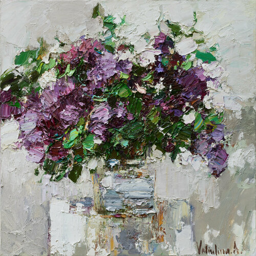 Still life with lilacs in a vase - impasto painting par Anastasiya Valiulina, Peinture en vente sur Singulart