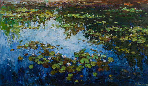 White Water Lilies - Impasto Original Oil painting di Anastasiya Valiulina, Pittura in vendita su Singulart